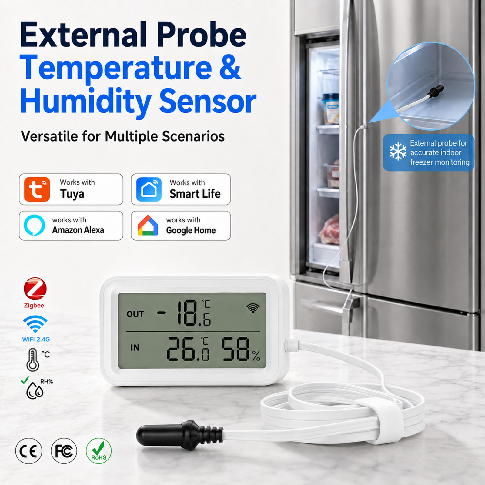 Temperature Humidity Sensor - เซ็นเซอร์วัดอุณหภูมิและความชื้นภายนอกแบบกันน้ำ Tuya WiFi Zigbee พร้อมหน้าจอ LCD